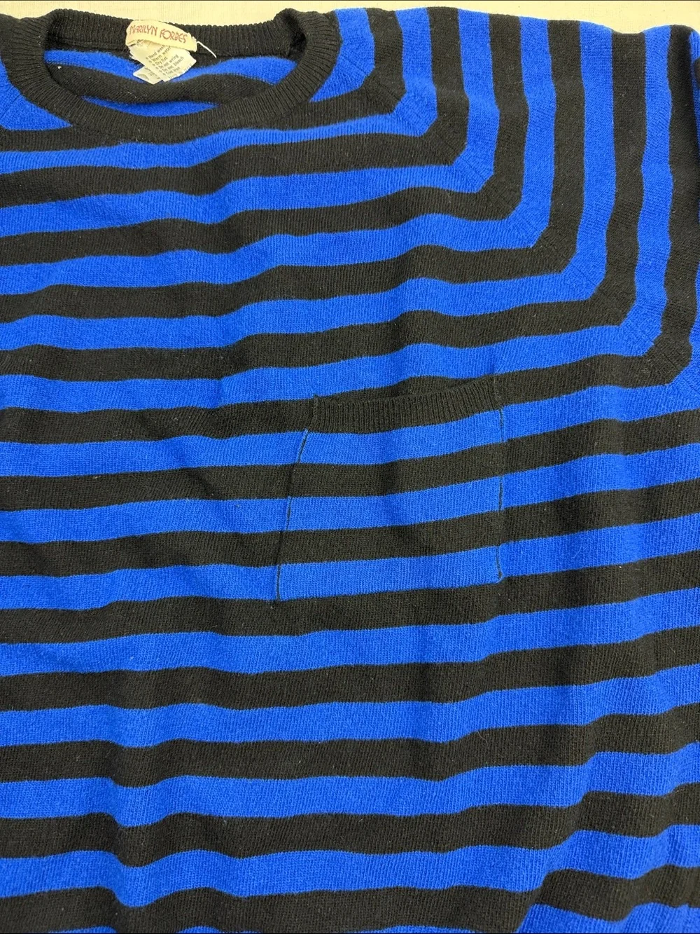 Marilyn Forbes Blue Black Striped Crewneck Oversized Sweater Front pocket Size M